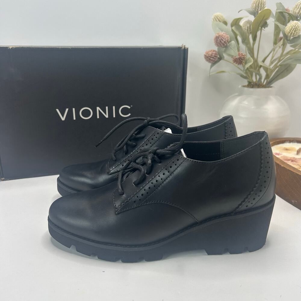 Vionic Anaheim Leather Lace Up Chunky Wedge Derby Loafer Black Women's 6.5M NWB